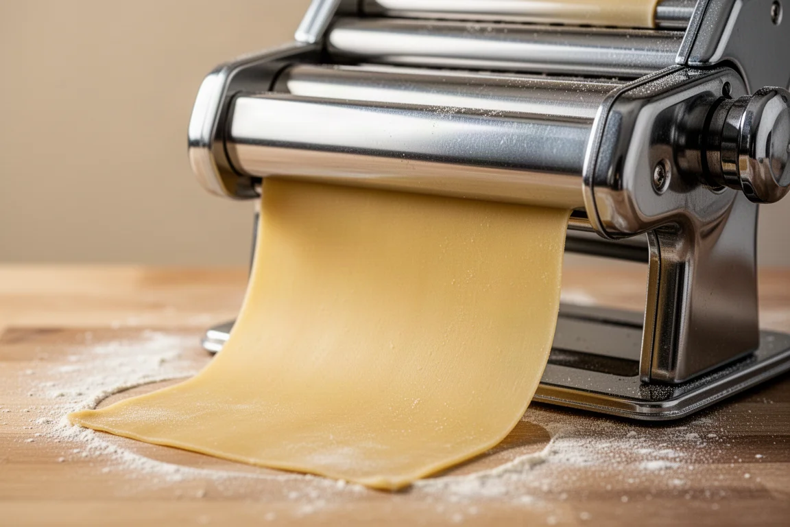 Fogli di pasta fresca che passano tra i rulli in acciaio di una macchina elettrica per la pasta