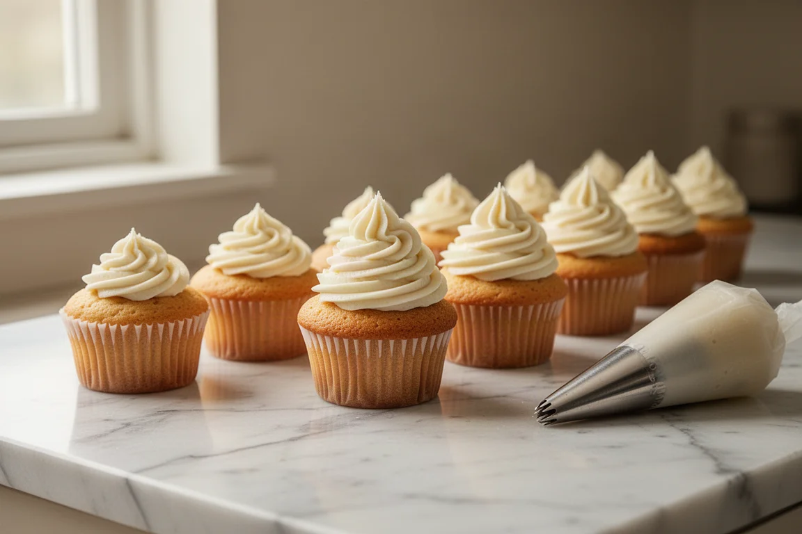Cupcake decorati con decorazioni di glassa a sac à poche su un piano della cucina