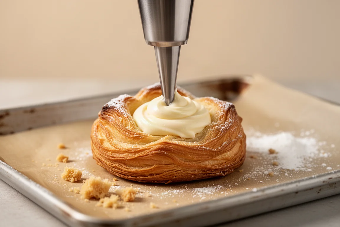 Un pasticcere farisce un éclair con la crema usando uno strumento a forma di siringa