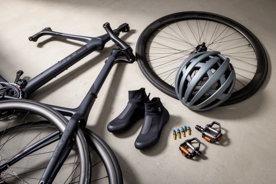 Professionele fietsuitrusting plat op een betonnen ondergrond