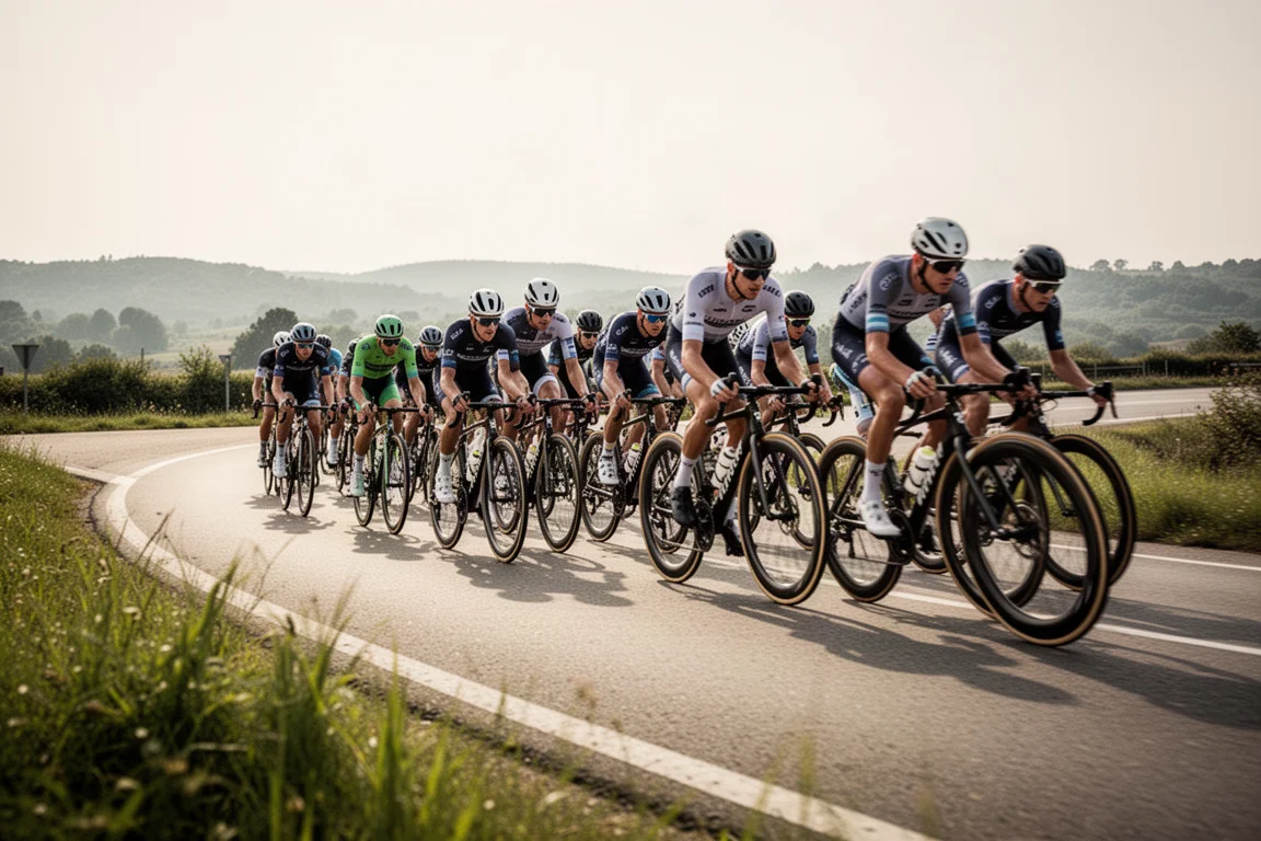 Peloton of road cyclists cornering together on smooth sunlit tarmac