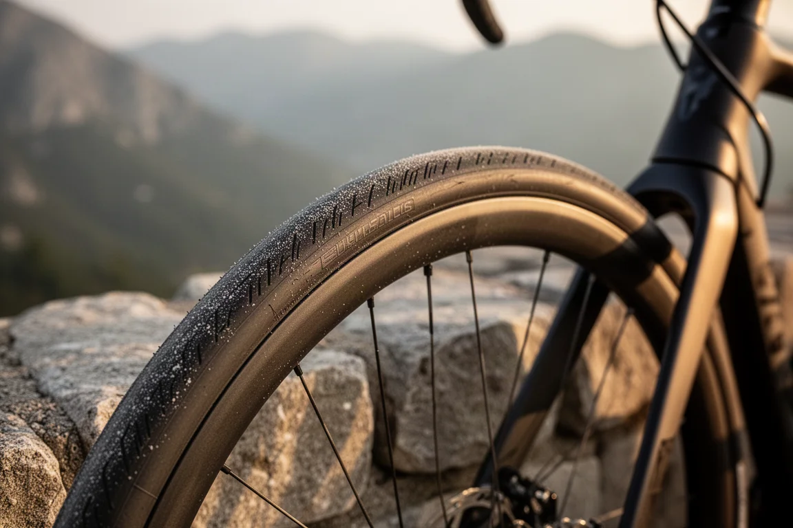 Close-up of a road tire seated on a wide hookless rim beside a mountain road
