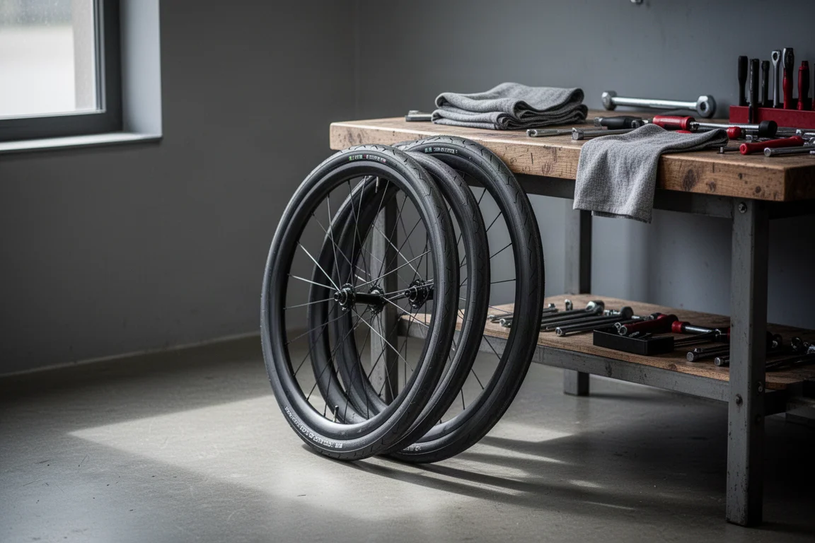 Narrow tubular tires and a shallow wheel resting in a race mechanic workshop
