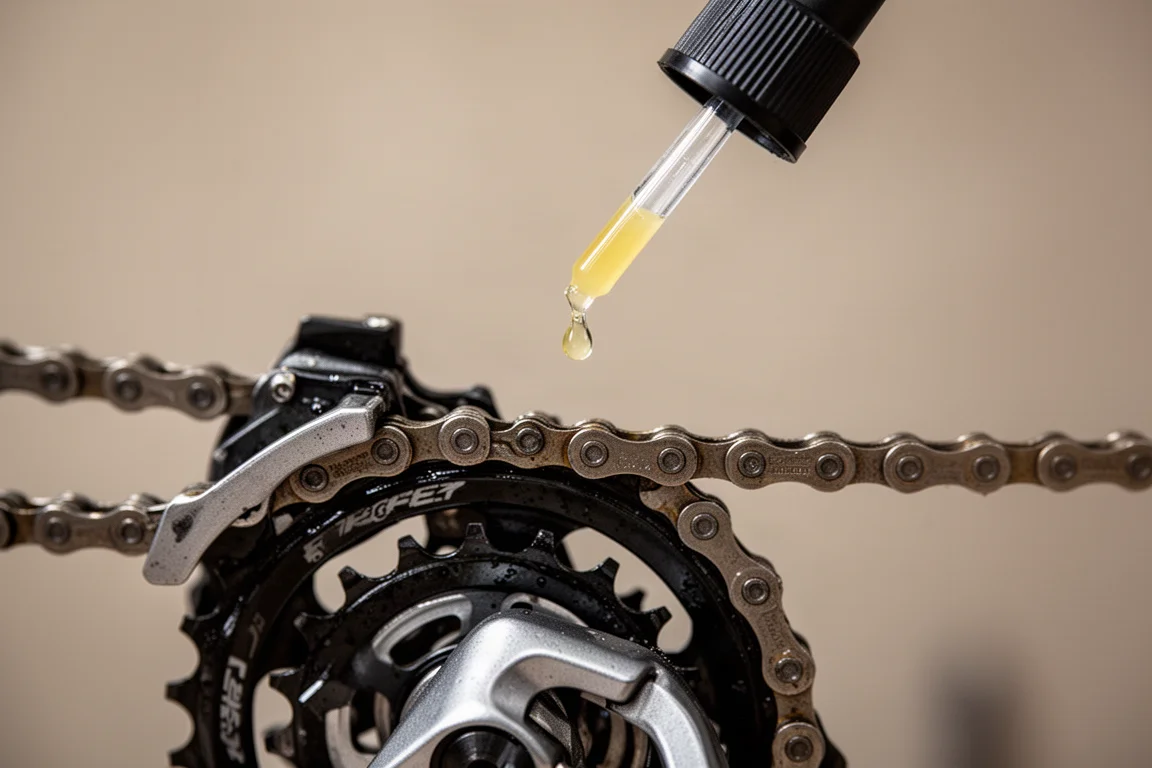 Freshly waxed bicycle chain with a drop of lubricant suspended above the links