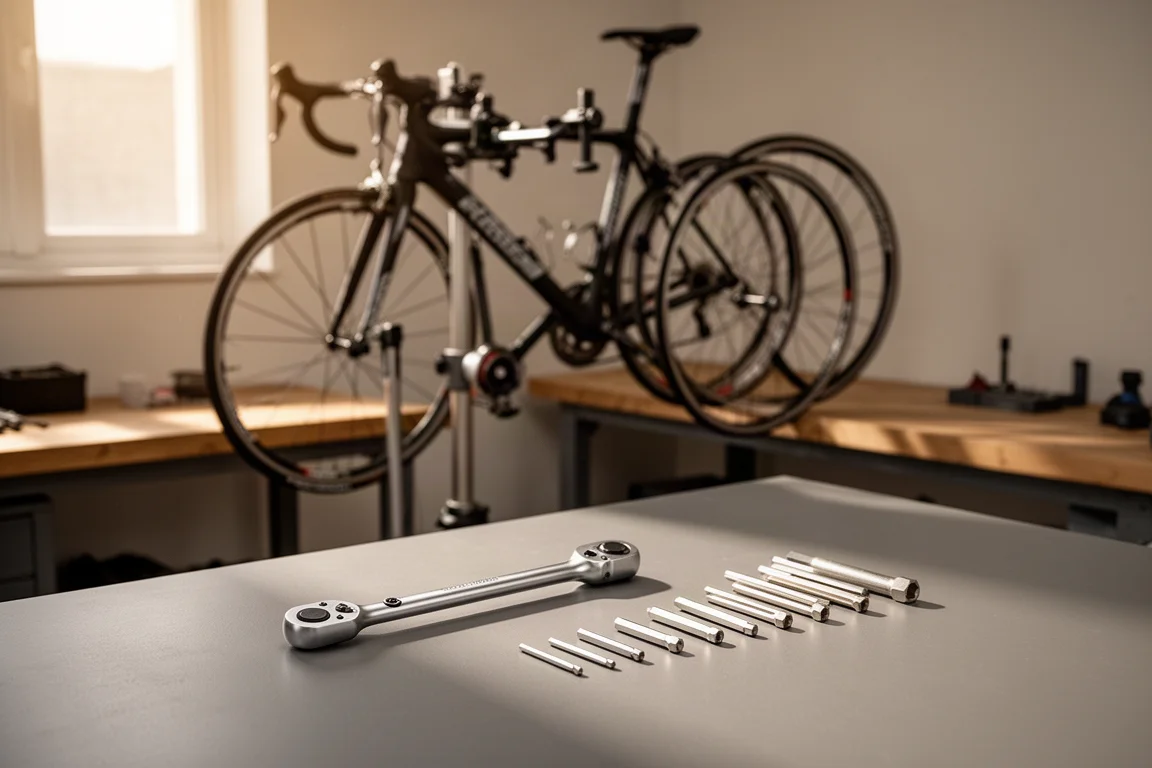 Rennrad in einem Montageständer, daneben auf einer Werkbank ausgelegte Werkzeuge