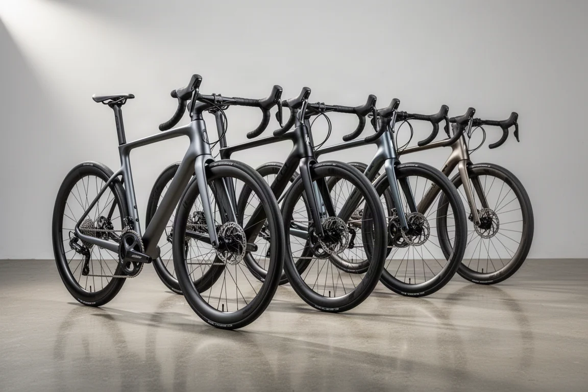 Vijf aeroracefietsen op een rij op een gepolijste betonvloer in een studio