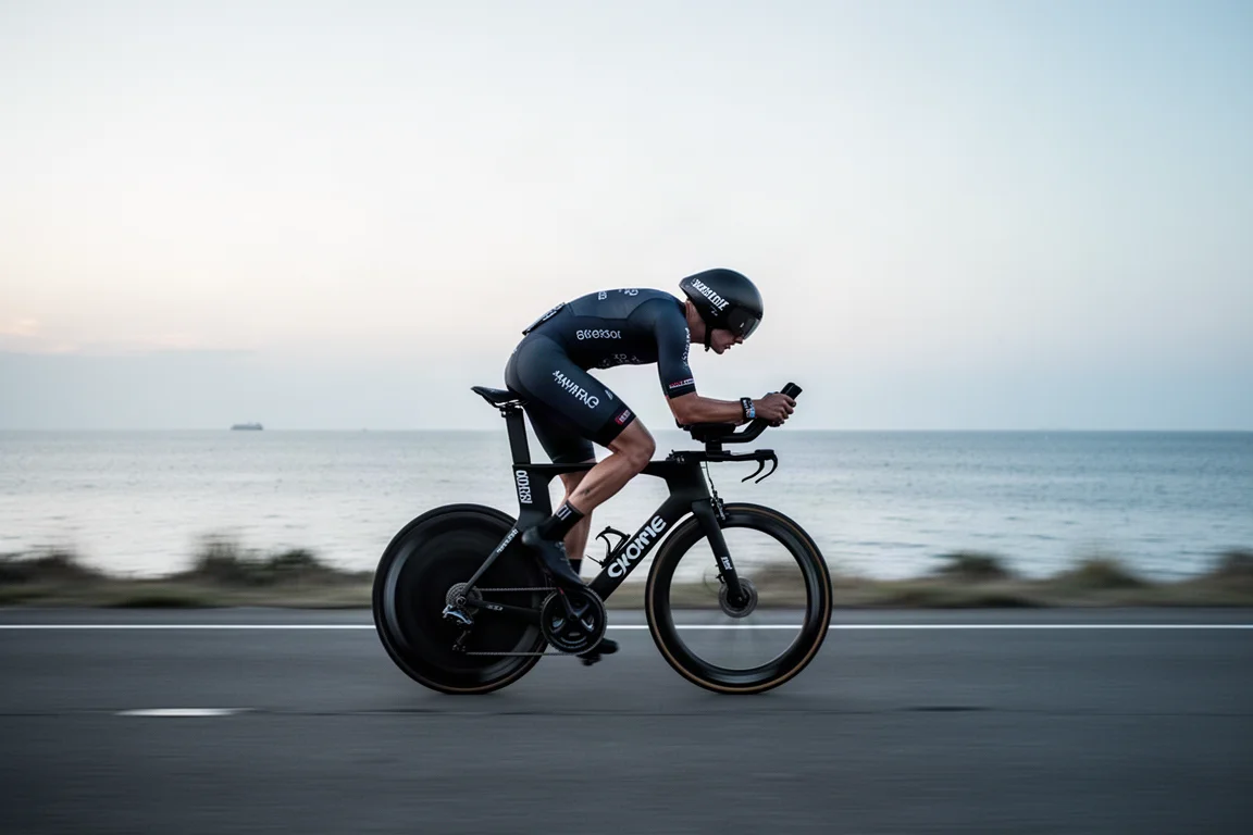 Zone de transition de triathlon à l'aube avec des rangées de vélos sur rack et des casques aéro