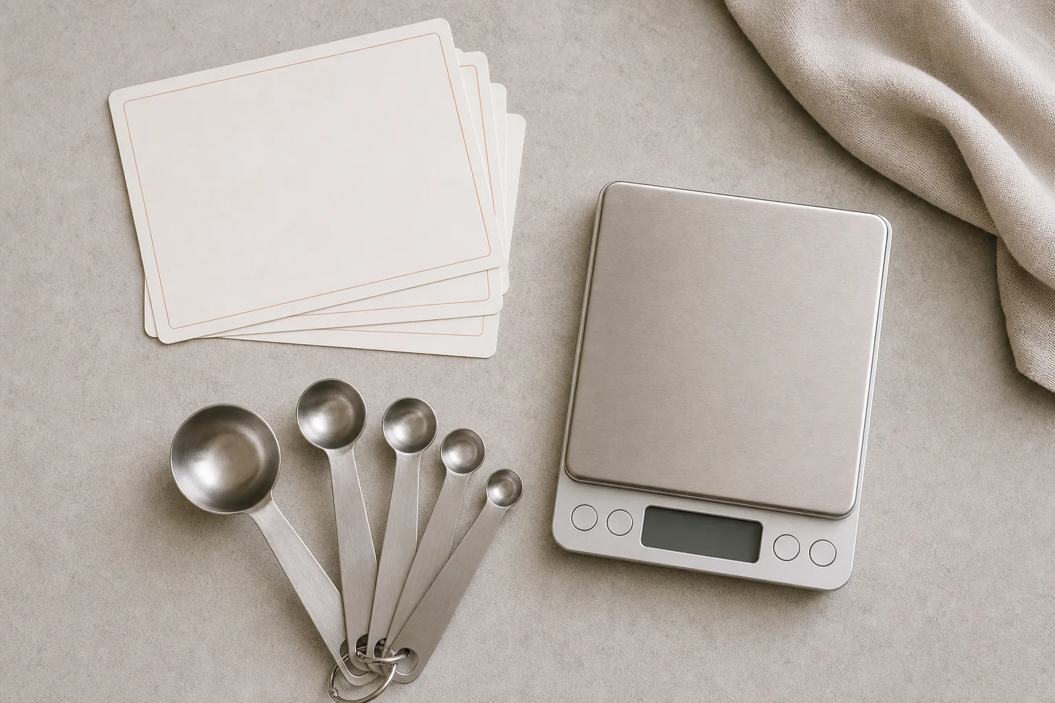 Rezeptkarten, Messlöffel und digitale Waage auf einer neutralen Oberfläche angeordnet