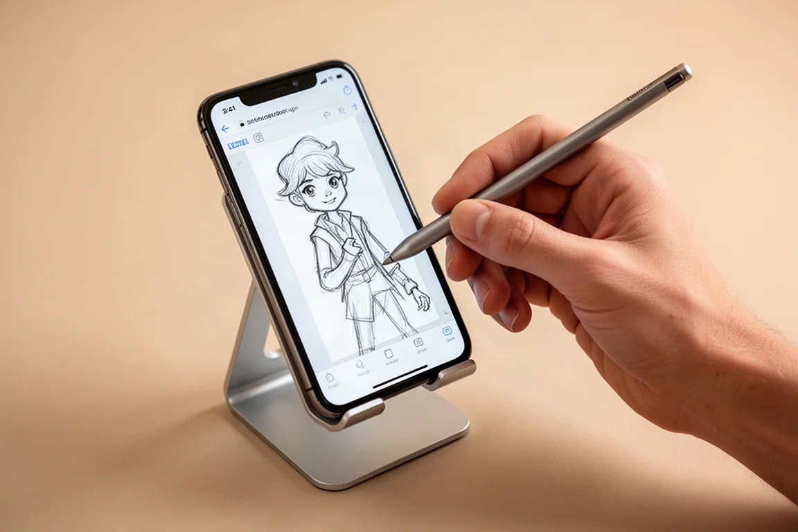 En konstnärs hand som skissar på en telefon skärm som vilar på ett litet skrivbordsställ