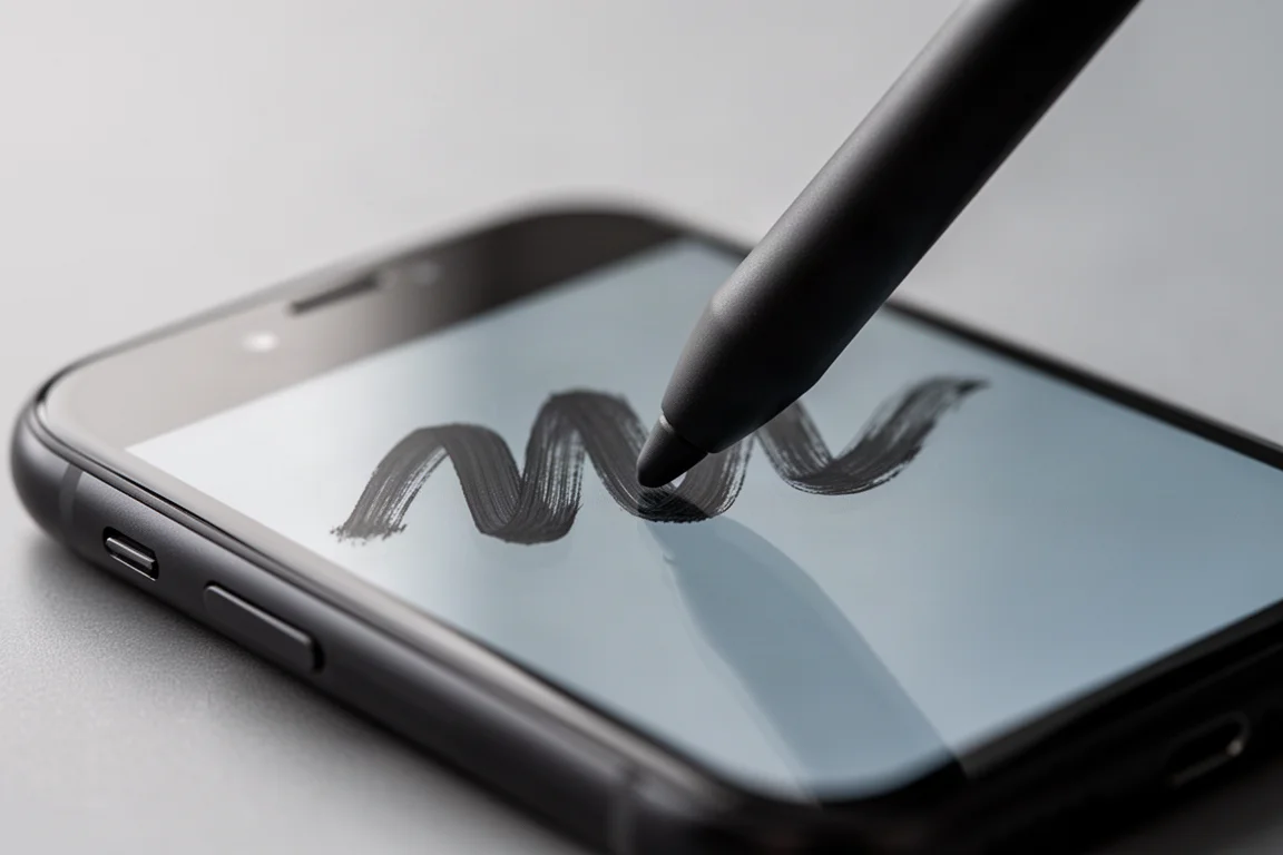 Närbild på en pennspets som rör en smartphone skärm mitt i ett penseldrag