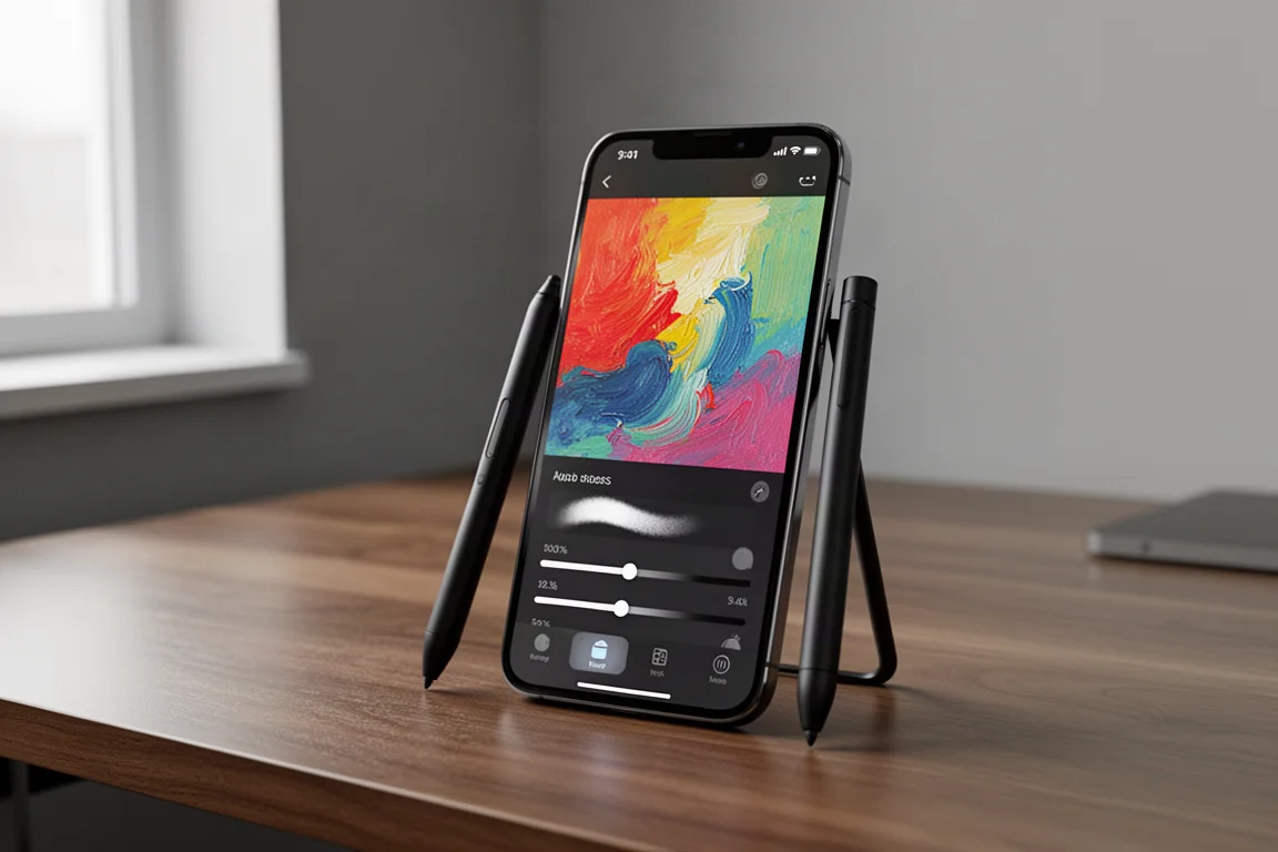 Smartphone zeigt eine digitale Mal-App, daneben ein Stylus auf einem Holztisch