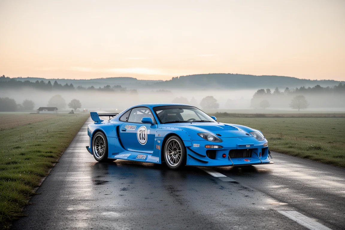Leuchtend blaues, rallye-inspiriertes Sportcoupé auf einer stillen Landstraße in der Dämmerung