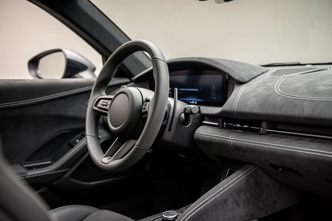 Hände des Fahrers an einem reduzierten Lenkrad im auf Performance ausgelegten Cockpit eines Sportwagens