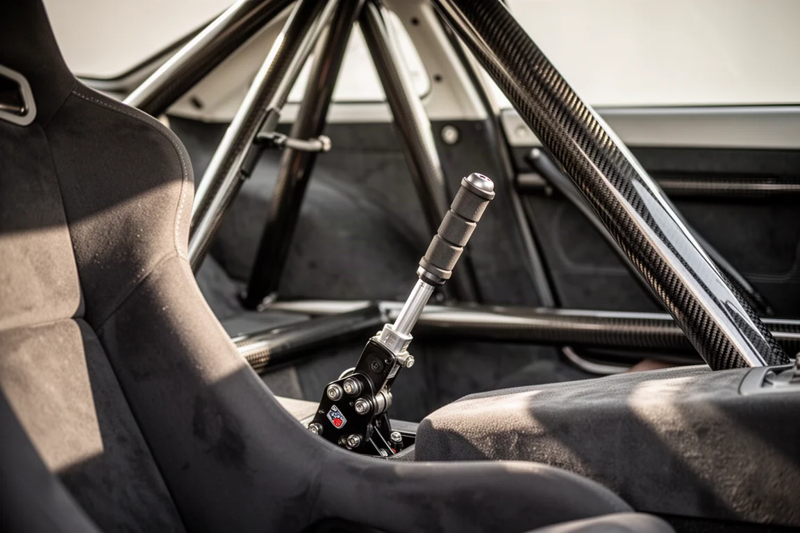 Detailaufnahme eines hydraulischen Rallye-Handbremshebels und eines Karbon-Überrollbügels im Innenraum