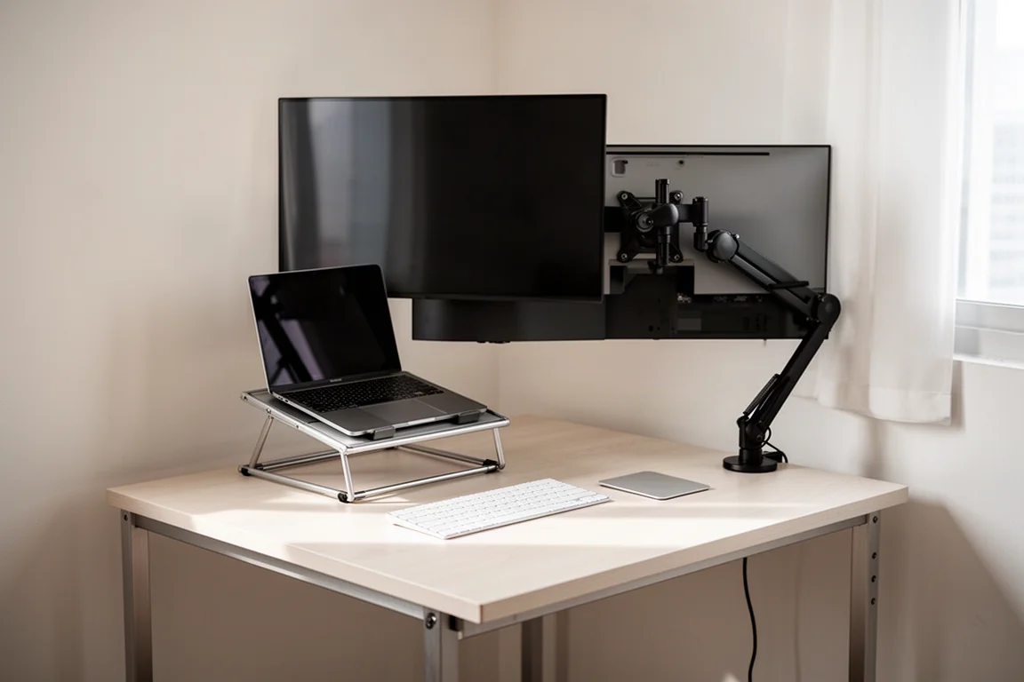 Compact desk in a condo corner with laptop stand, keyboard and monitor