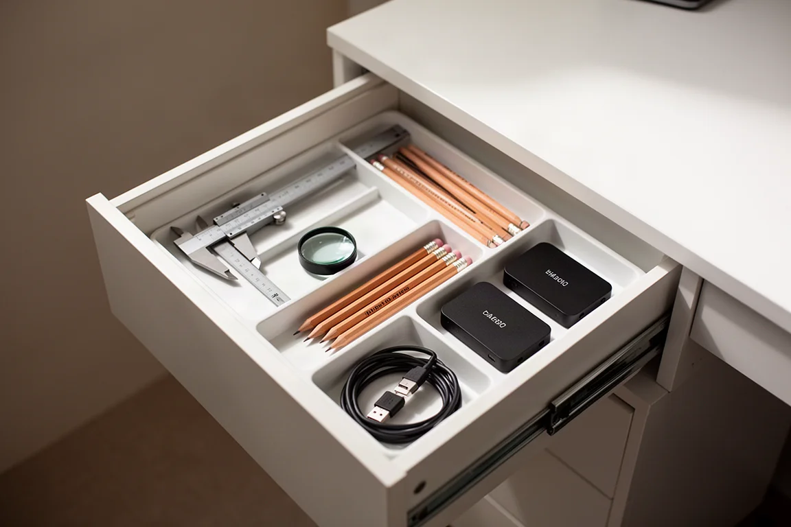 Open drawer unit with organized tools, cables and product design supplies