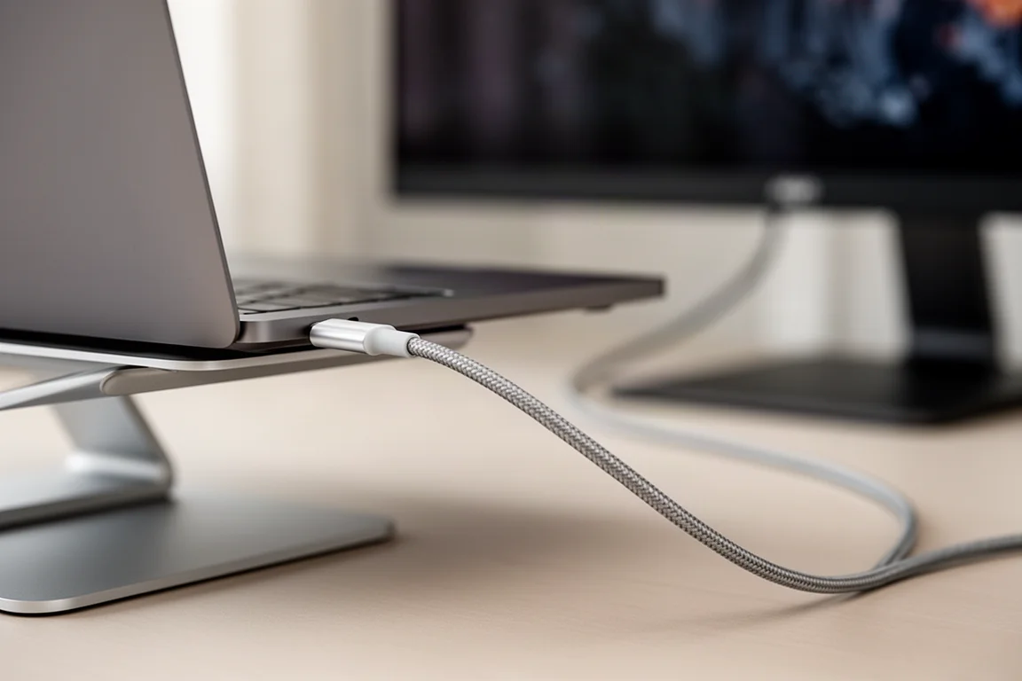 Single Thunderbolt cable connected to a laptop feeding a 4K monitor