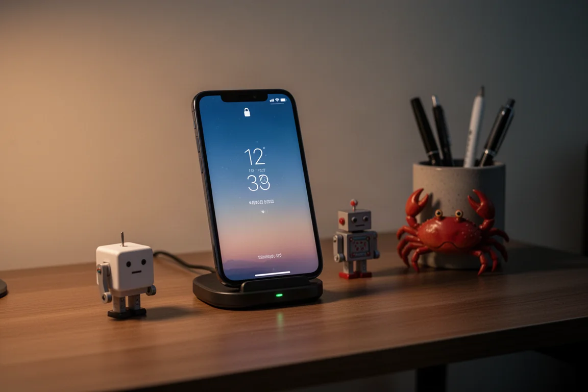 Desk corner with wireless charging stand holding a phone in standby clock mode