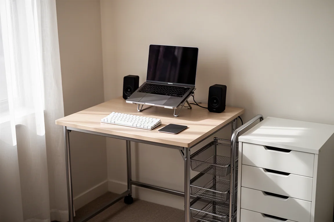 Postazione compatta da condominio con supporto per laptop, monitor, tastiera e contenitori in stile IKEA