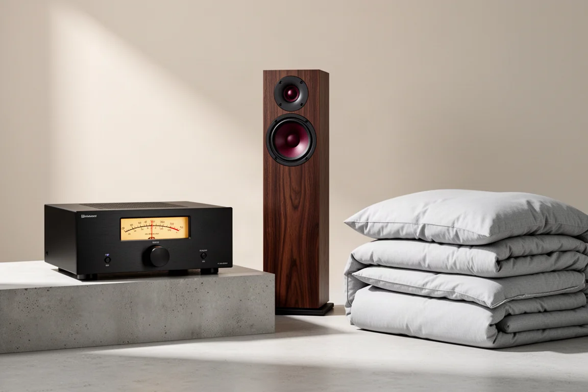 Integrated amplifier, floorstanding speaker and folded bedding arranged on a neutral studio surface