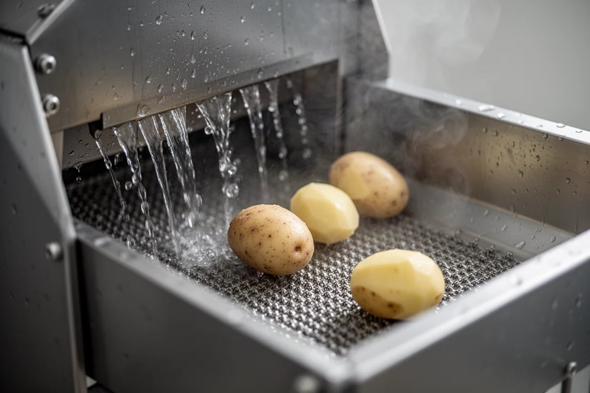Water flowing through the chamber of a commercial potato peeling machine
