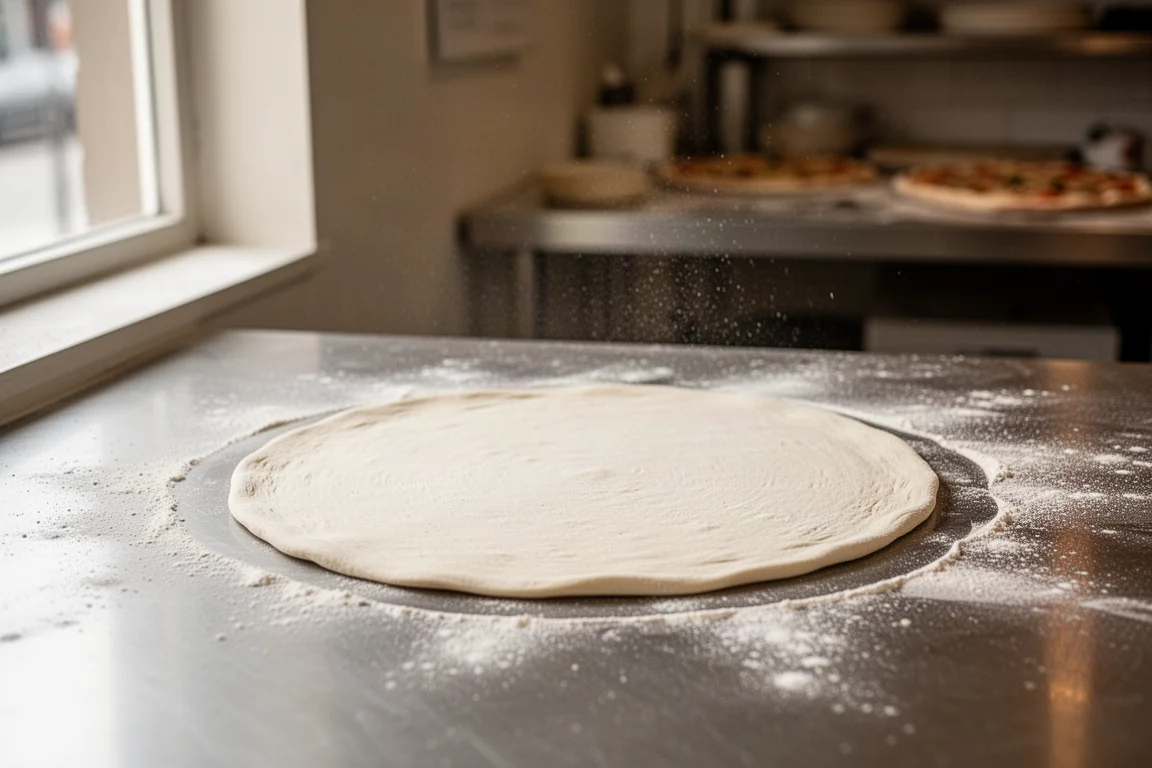 Freshly rolled round pizza dough resting on a floured prep counter