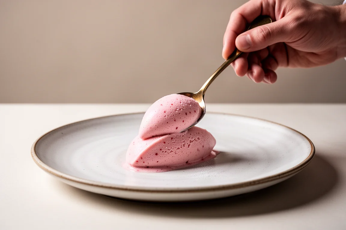 A quenelle of smooth strawberry sorbet being plated with a hot spoon