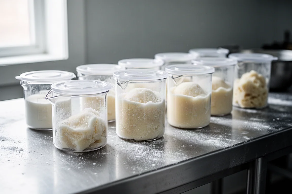 Transparent beaker containers and frozen preparations arranged on a pastry kitchen worktop
