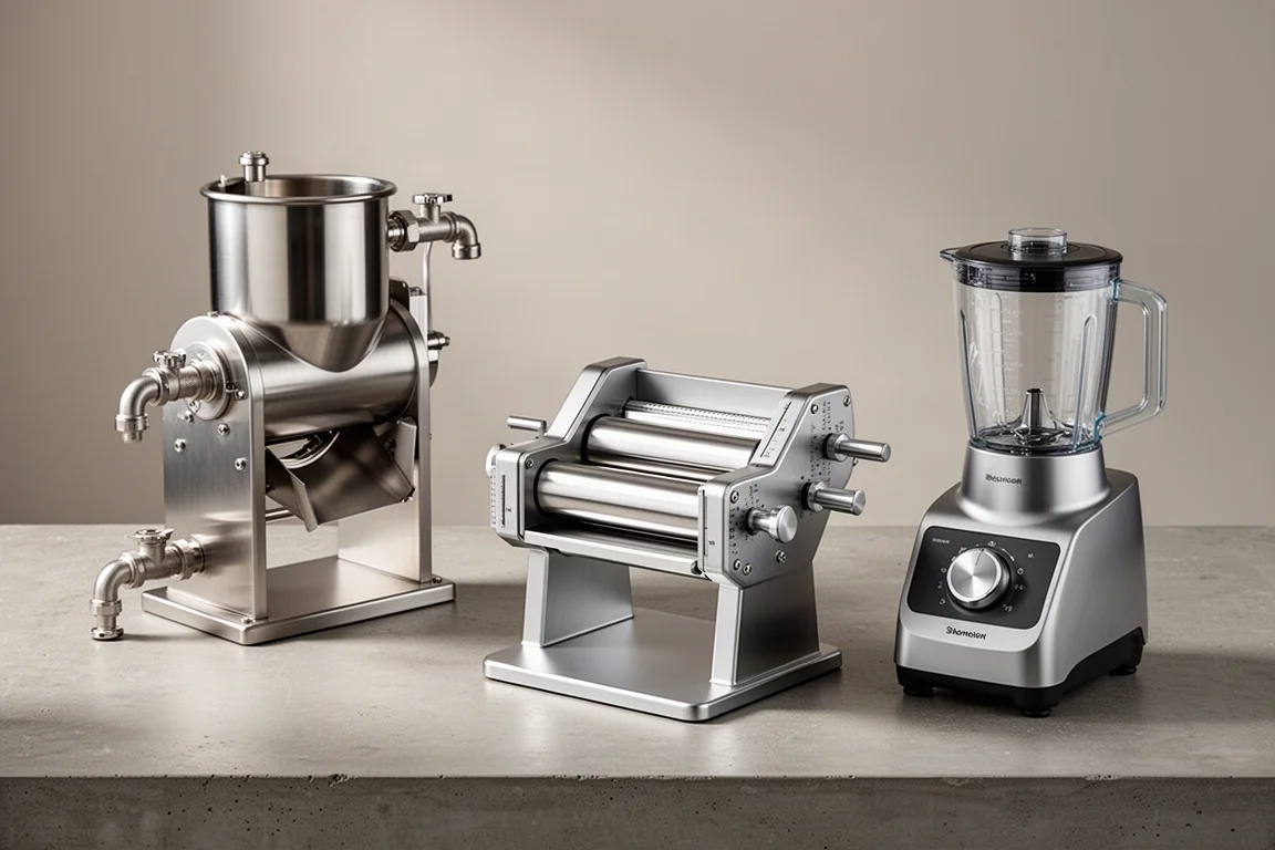 Three professional kitchen machines on a matte concrete surface
