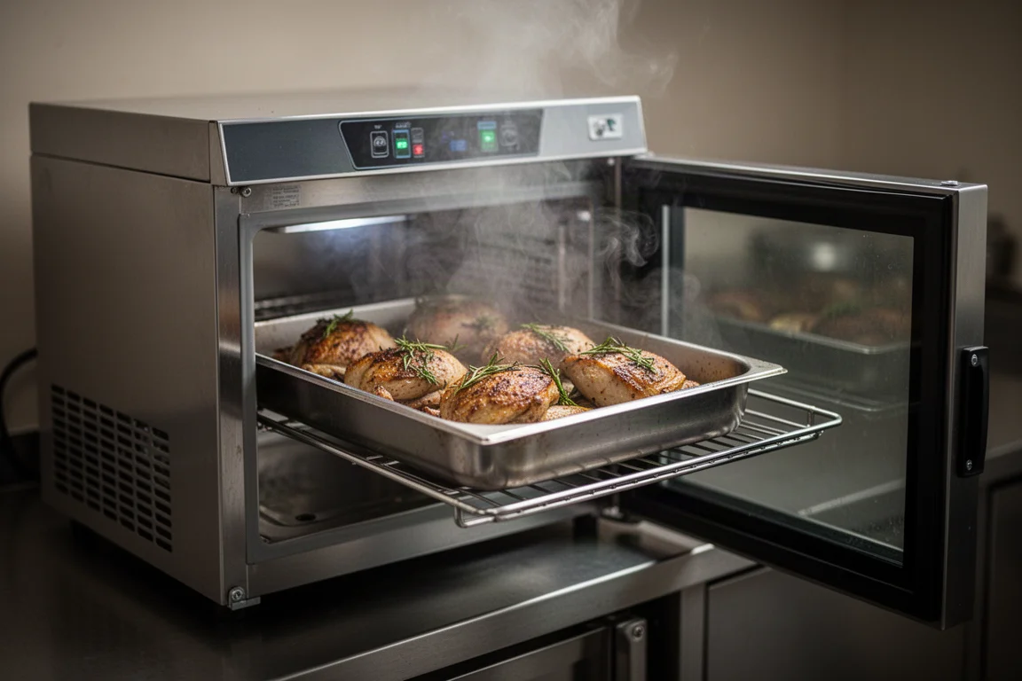 Heißes Essen in einem Metallbehälter wird in einen kompakten Schockkühler gelegt