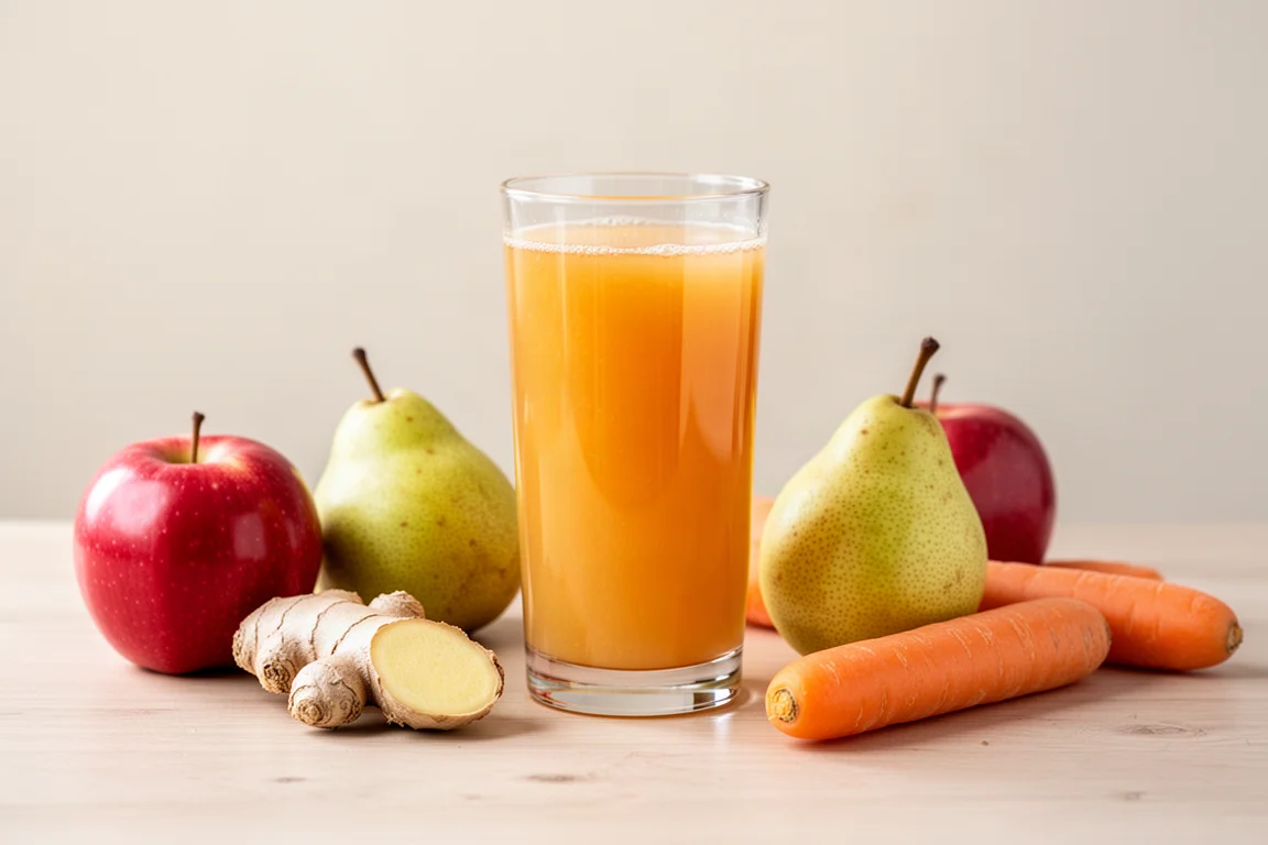 Frischer Apfel-, Birnen- und Karottensaft läuft neben geschnittenem Obst in ein Glas