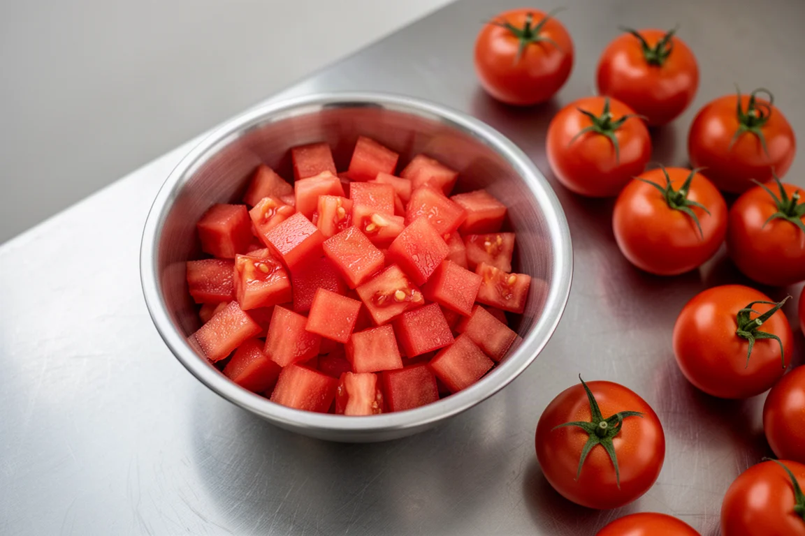 Eine Schüssel mit perfekt gewürfelten Tomatenstücken auf einer Küchenarbeitsplatte
