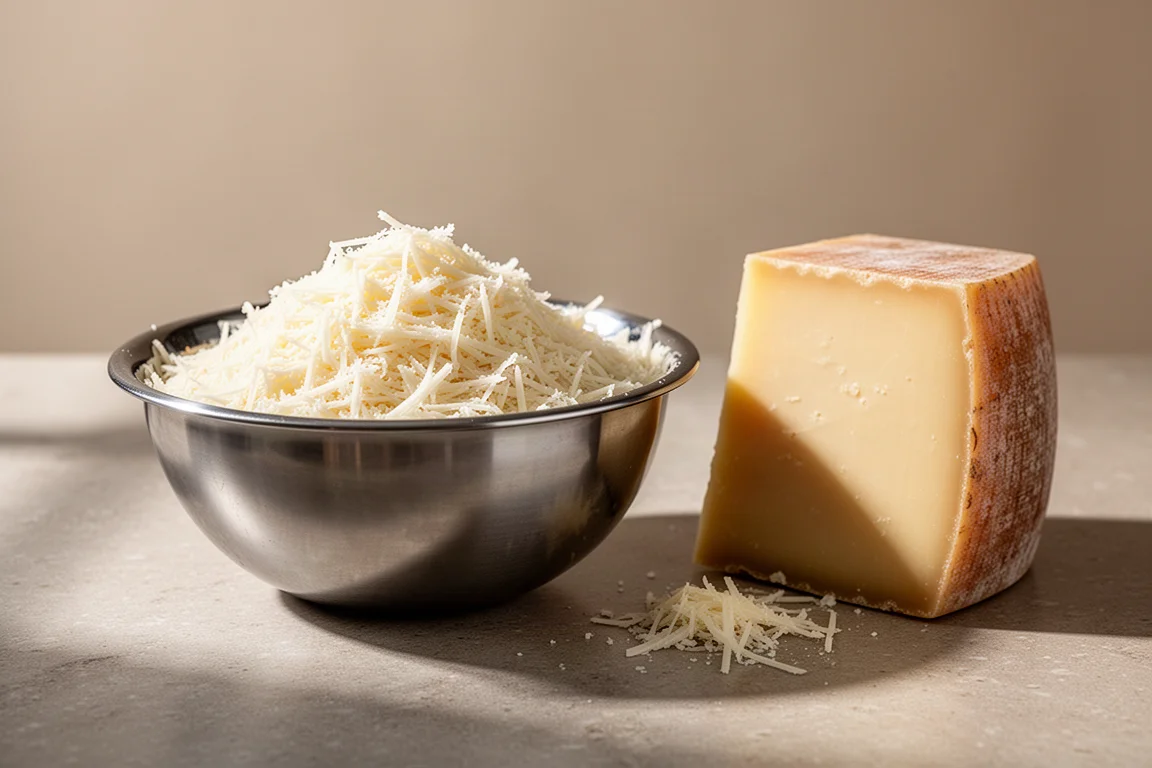 Eine Schüssel fein geriebenem Hartkäse neben einem Stück Grana Padano