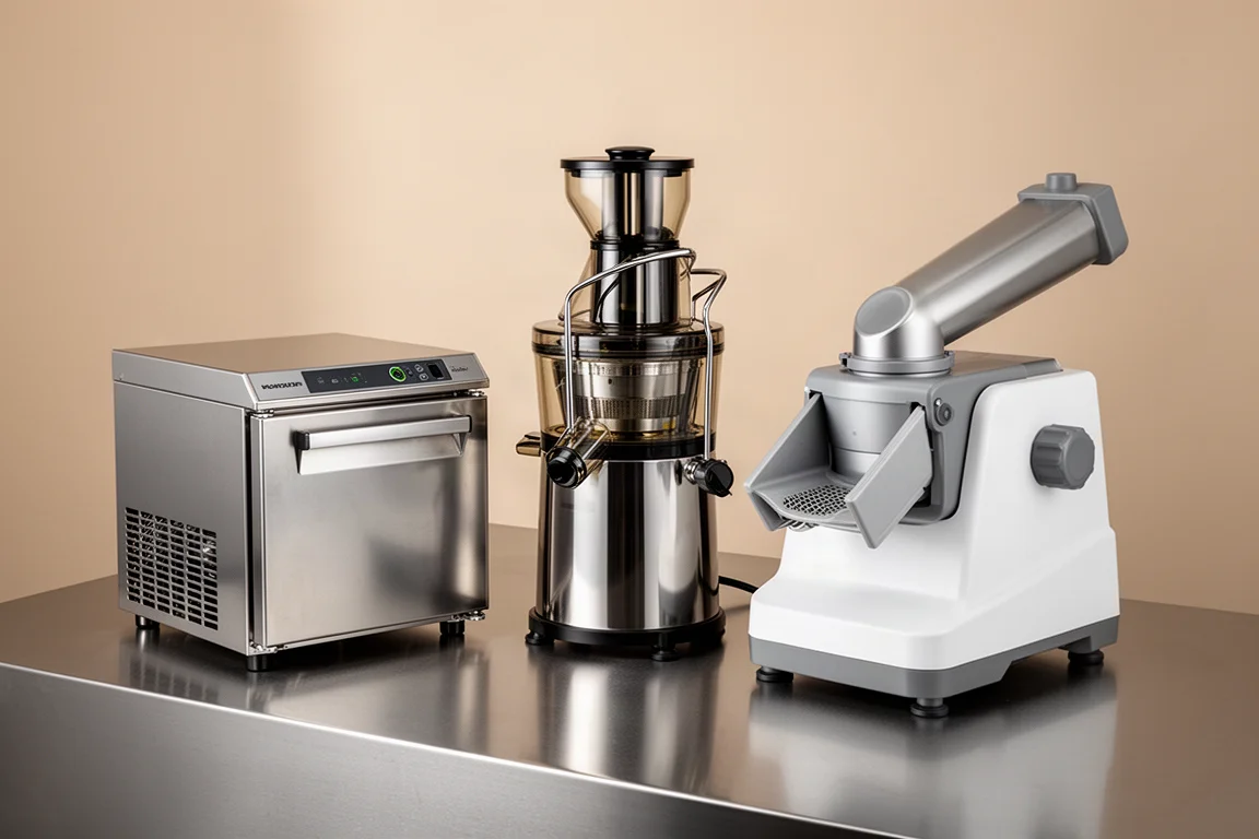 Three professional kitchen appliances on a stainless steel counter