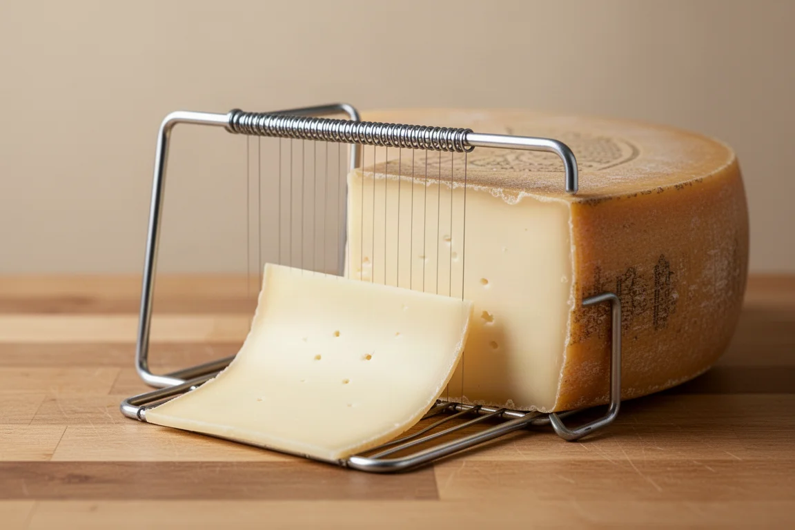 Wire cheese slicer cutting an even slice from a soft cheese wheel on a counter