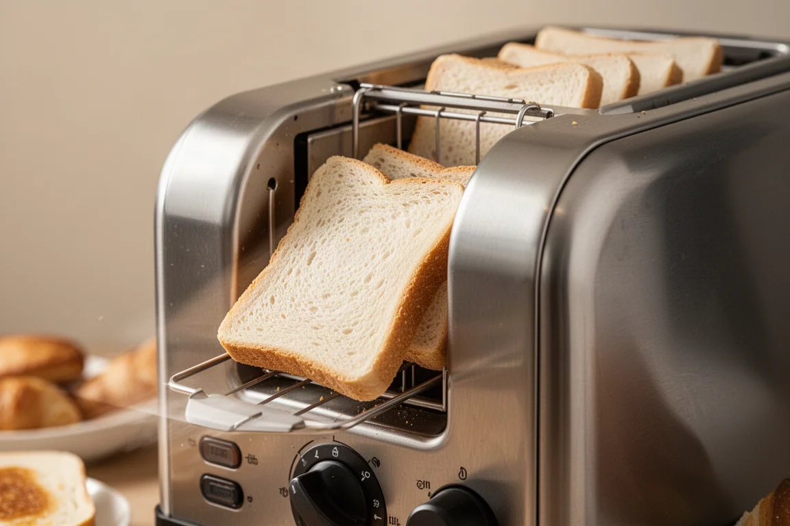 Slices of bread moving through the vertical slot of a commercial conveyor toaster