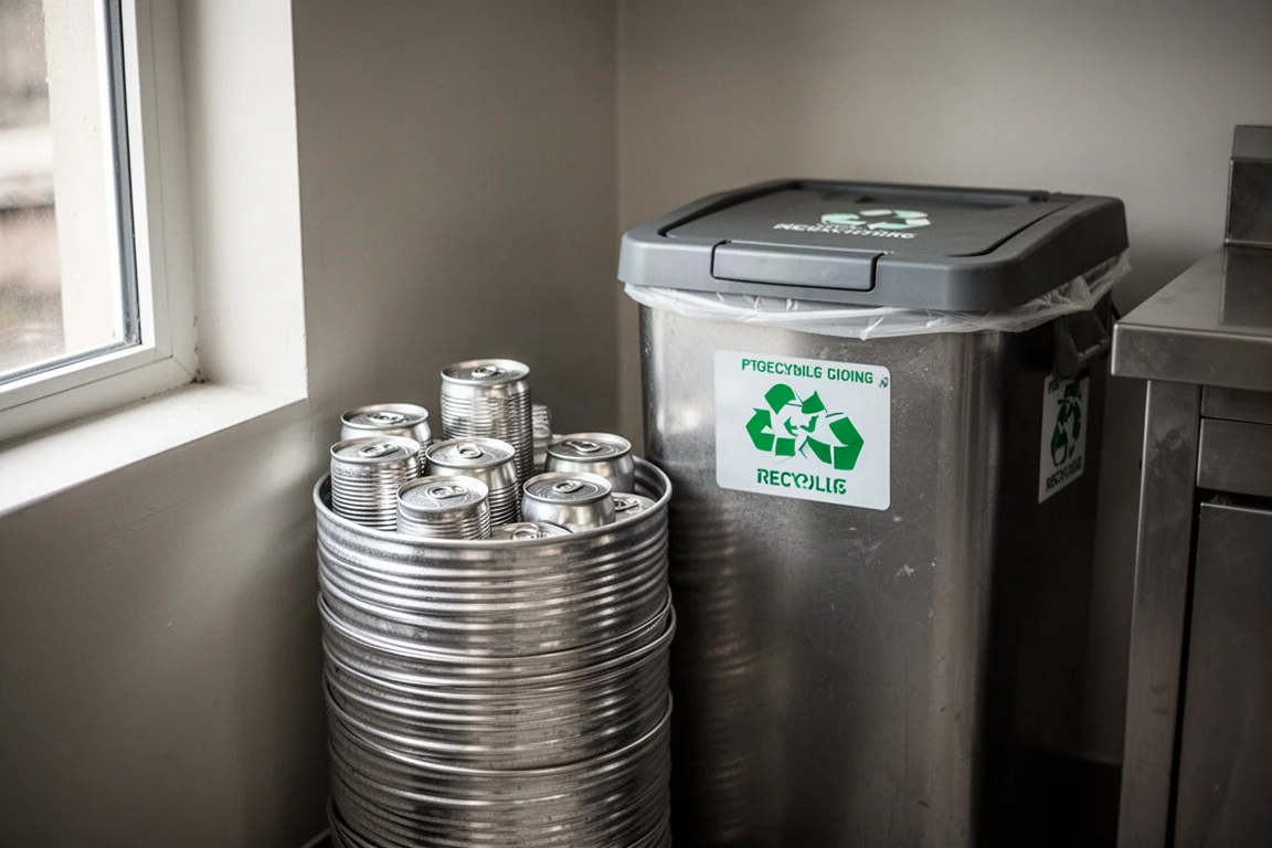 Stack of crushed aluminium cans beside recycling bins in a commercial kitchen