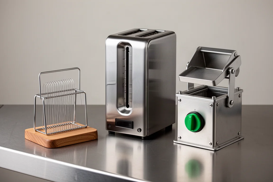 Wire cheese slicer, commercial conveyor toaster and metal can crusher on a steel worktop