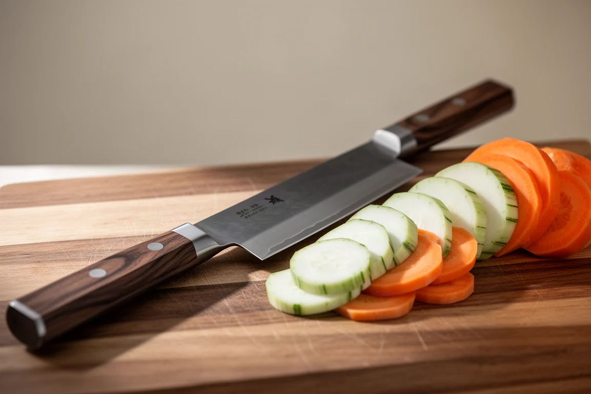 A long Japanese gyuto chef knife resting on a cutting board beside chopped vegetables