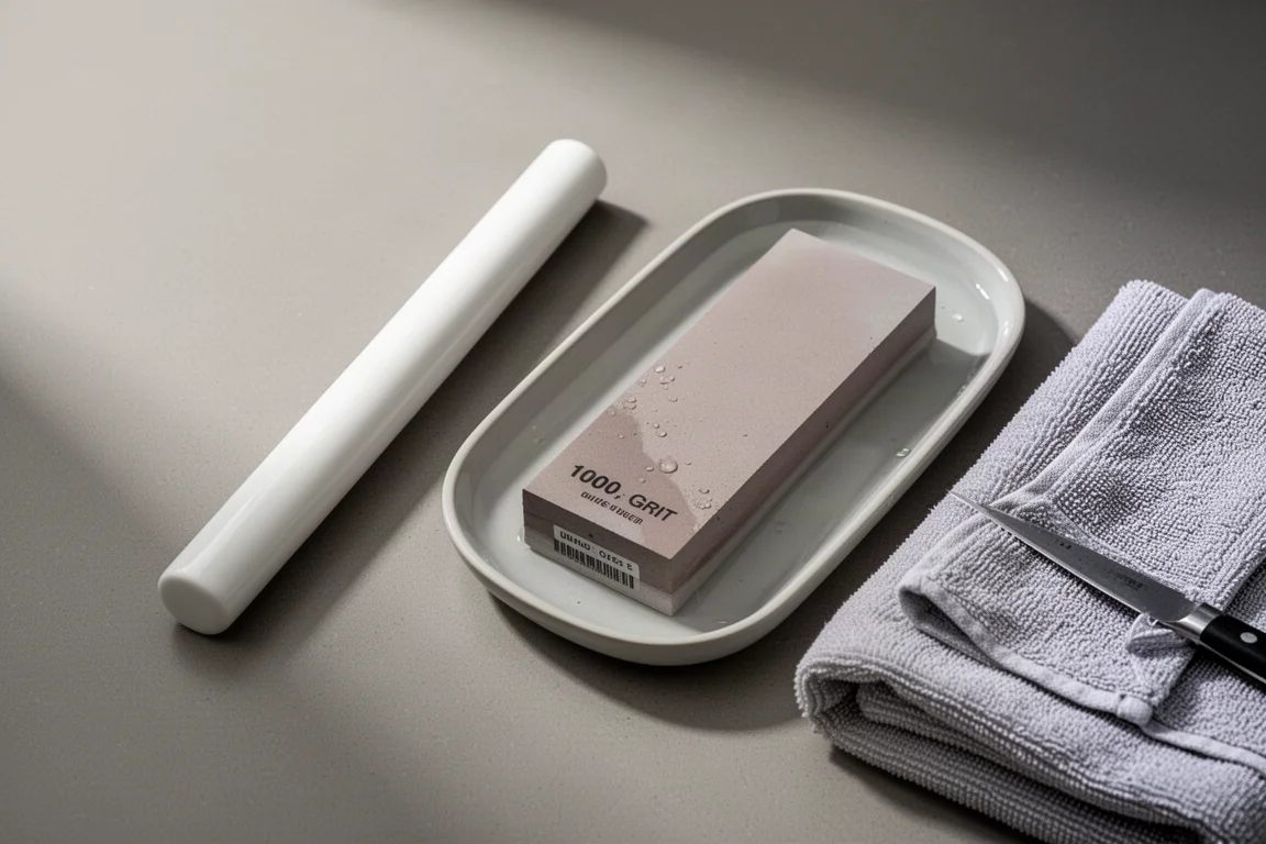 A ceramic honing rod and a 1000 grit whetstone on a kitchen prep counter