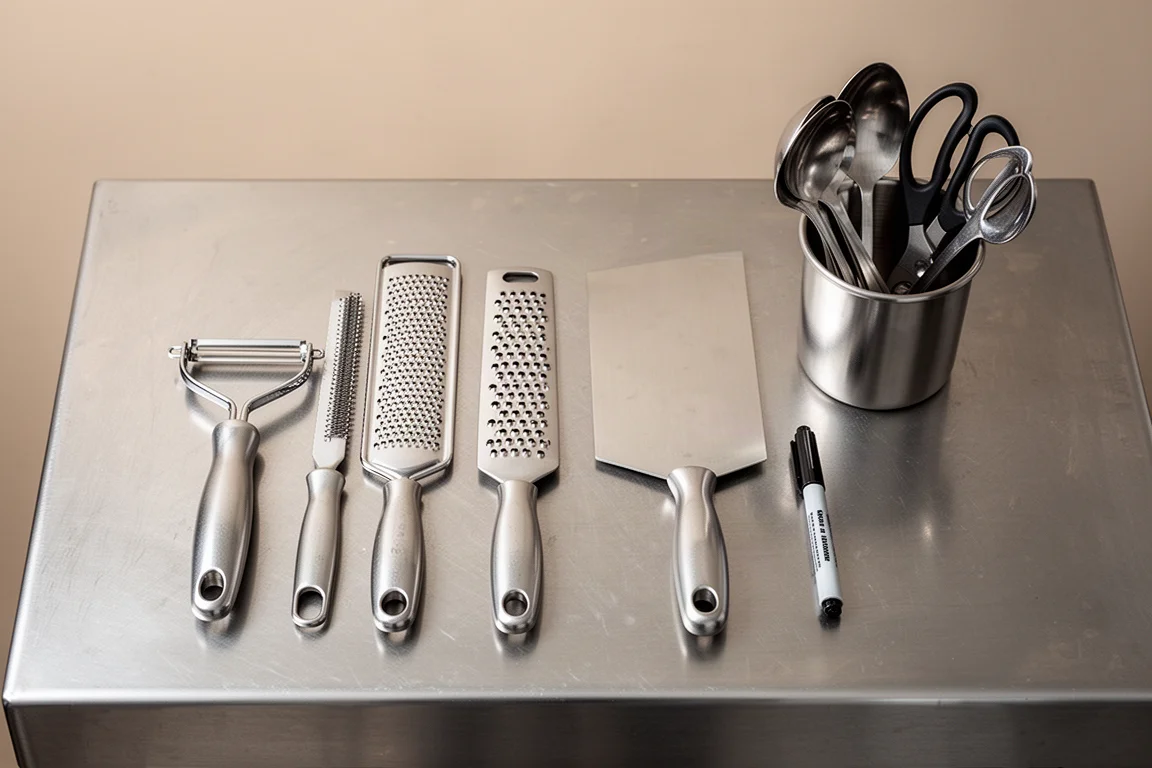 A collection of small hand tools including a peeler, microplane and bench scraper laid out on a counter
