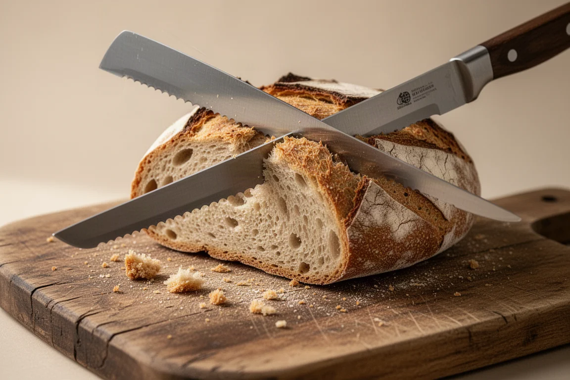 A serrated bread knife slicing through a rustic artisan loaf on a wooden board