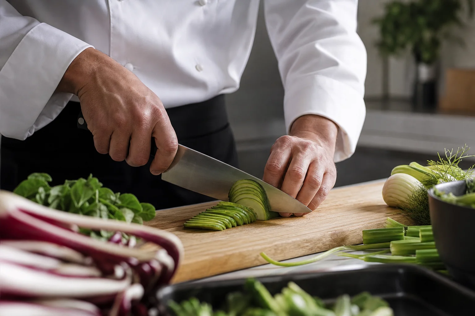 Chef's hands slicing fresh vegetables on a wooden cutting board