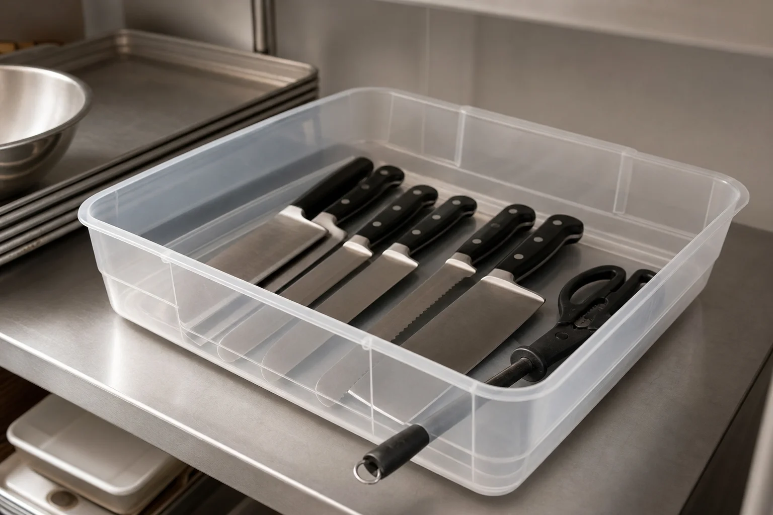 Organized kitchen knives stored in a shallow plastic tub on a shelf