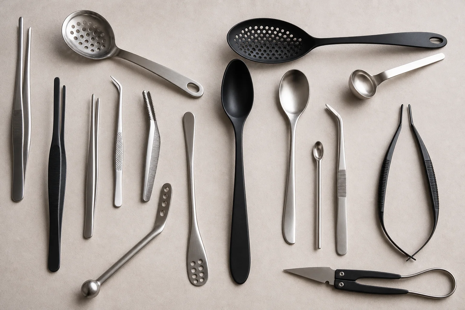 Assorted kitchen tweezers, spoons, and plating tools arranged on a surface