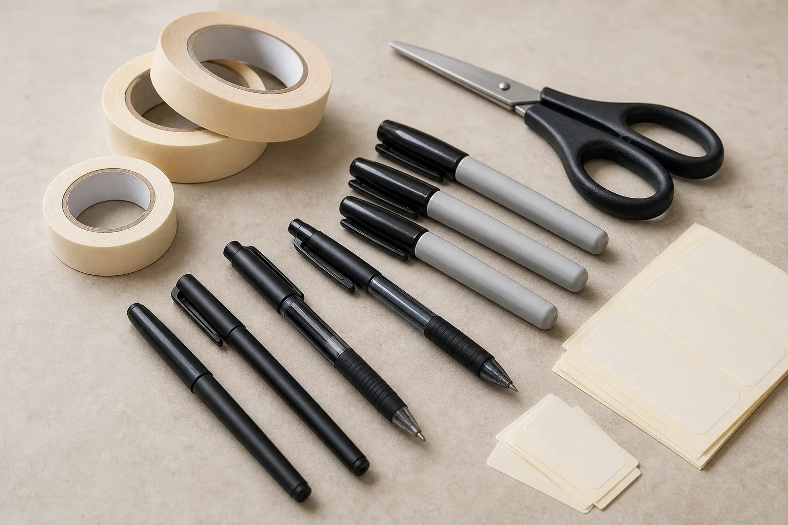 Professional kitchen labeling supplies including Sharpies, tape, and scissors