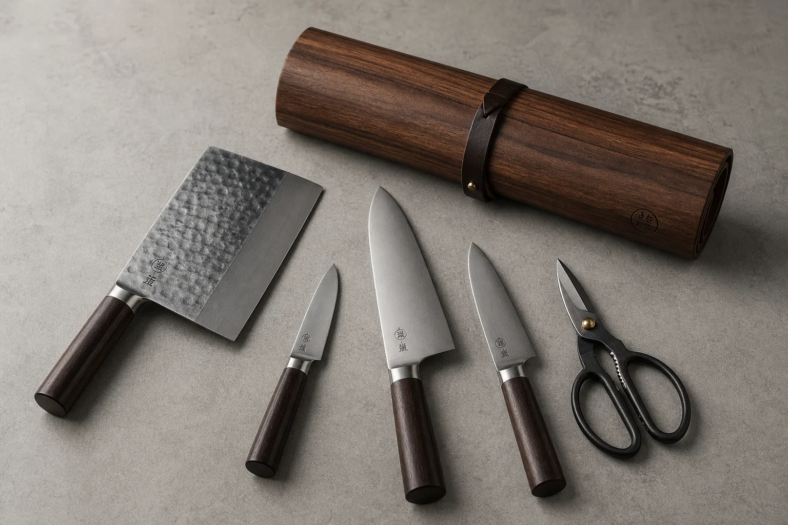 Professional kitchen knives and tools arranged on concrete surface