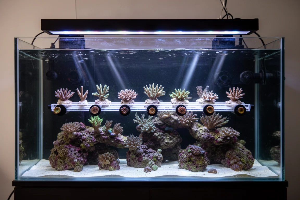 Reef aquarium with coral frags on a rack under blue-white lighting