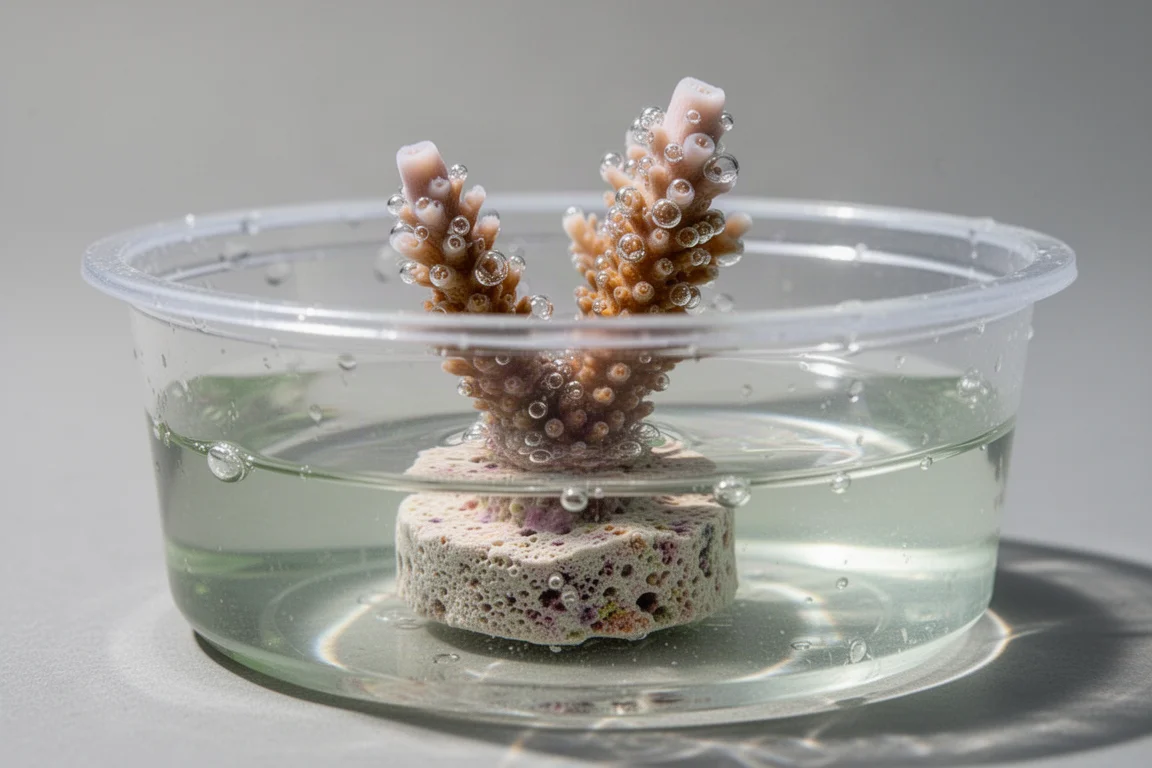 Close-up of fine bubbles clinging to a coral frag plug in a dip container