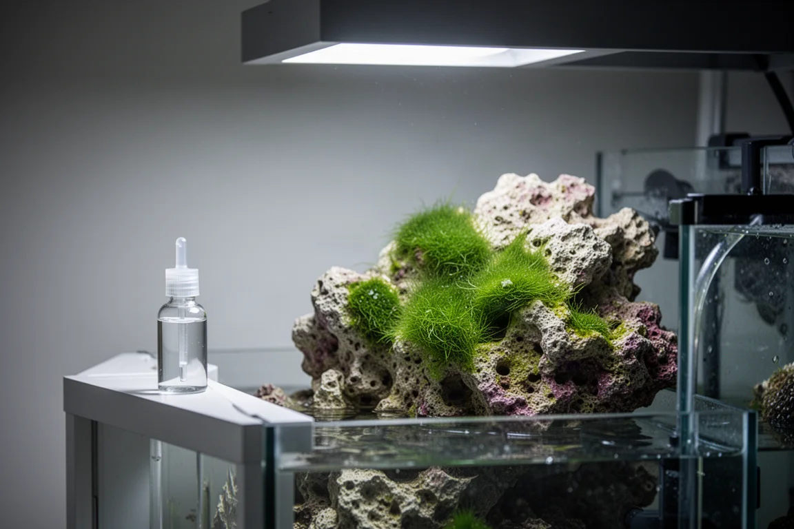 Aquarium sump area with a dosing bottle beside a section of live rock